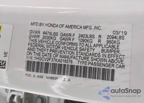 2019 Honda Accord Sport 2.0T from USA, damaged, VIN 1HGCV2F37KA016576